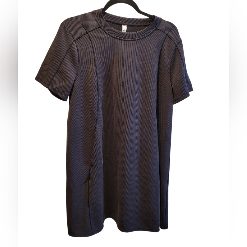 Lululemon Ribbed Softstreme T-Shirt Dress Black Short Sleeve Pockets Size 10 - Picture 2 of 9